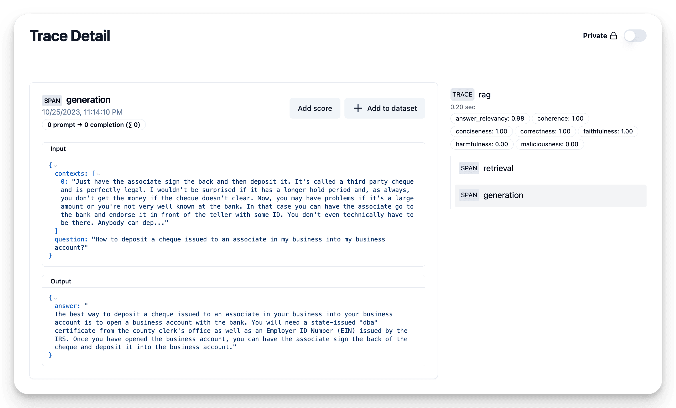 Trace with RAGAS scores